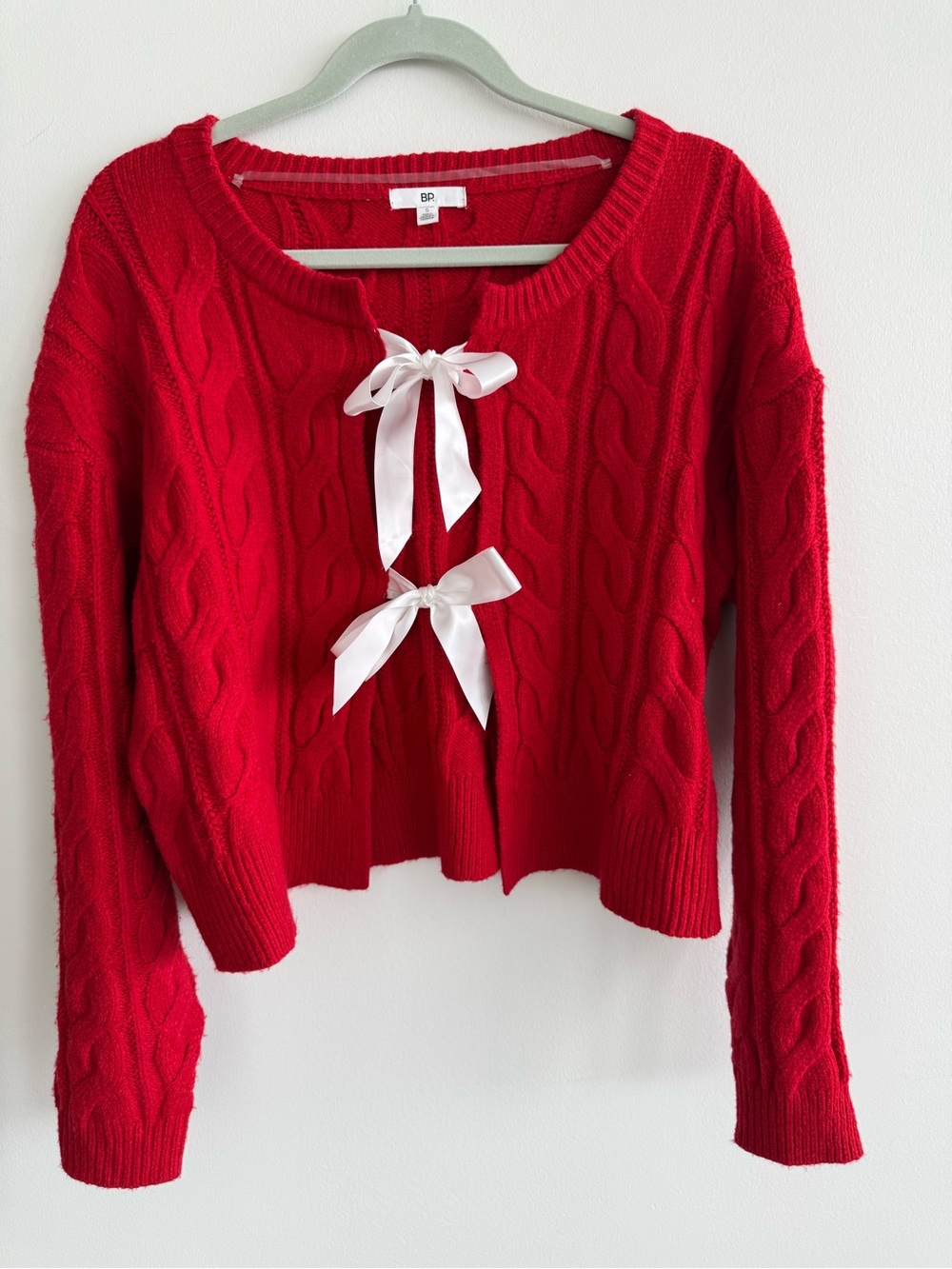 bp Red Cable-Knit Cardigan with White Bow Ties